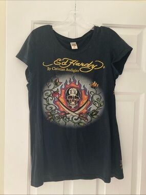 Ed Hardy Black Tee with Multicolor Skull & Flame Graphic Y2K